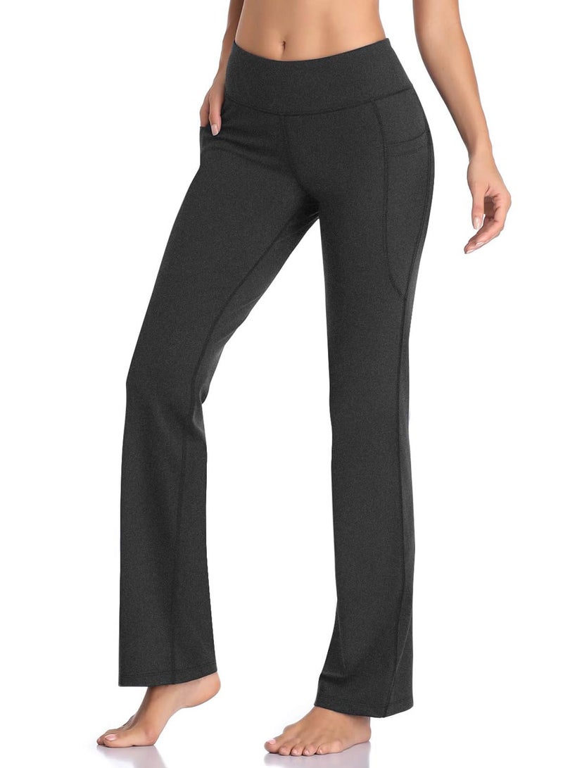 HISKYWIN Side Pockets Yoga Pants 4 Way Stretch Tummy Control Workout Running Pants, Long Bootleg Flare Pants HF201-Charcoal-XXL - Image 3